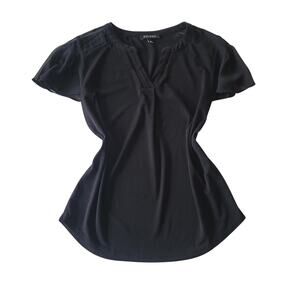 Roz & Ali Black Flutter Sleeve Blouse Pleated Notch Neck Lightweight Top XS